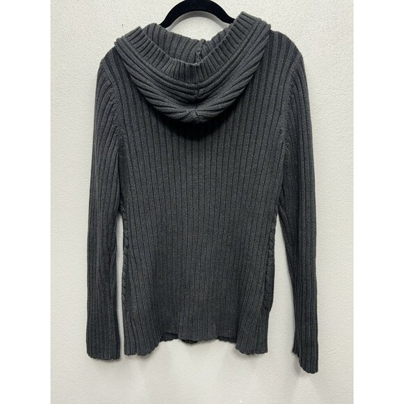 Womens Cable Knit Sweater Size Large Chunky Y2K Henley Hooded Grey Pullover - Picture 3 of 4